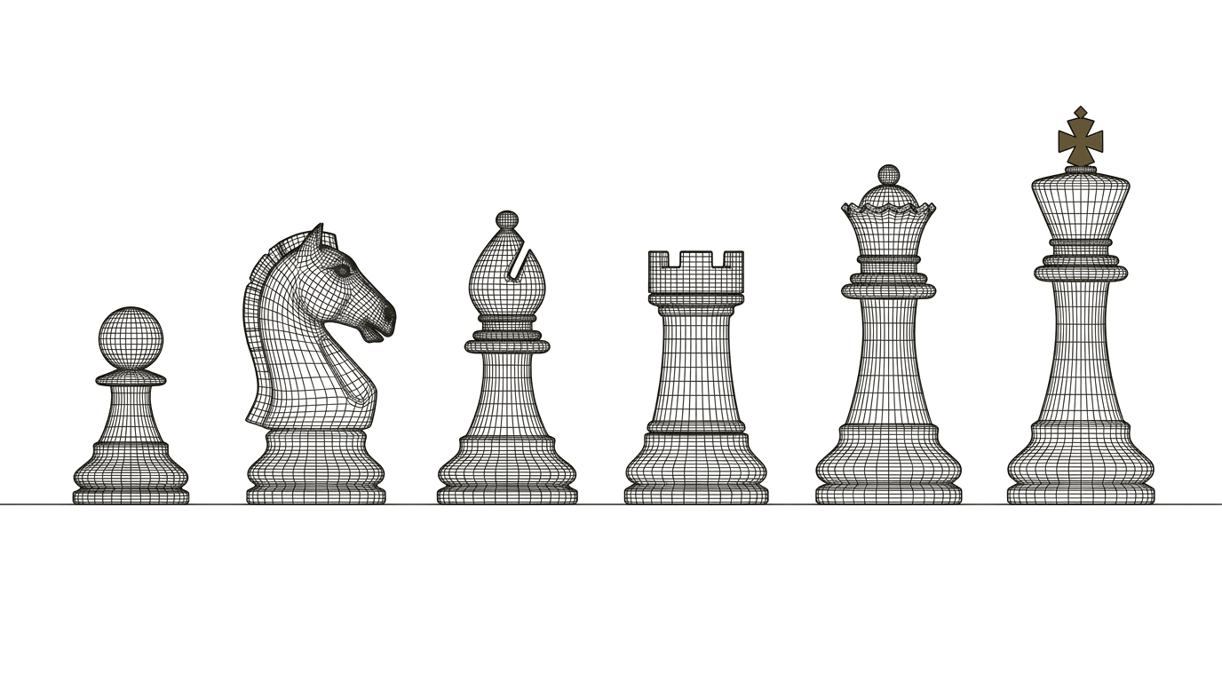 Six wireframe chess pieces on a single baseline, pawn to king left to right, ascending in height, ink on cream, the king's cross finial in brass. The pieces are the capabilities a practice develops; the practitioner is the king.
