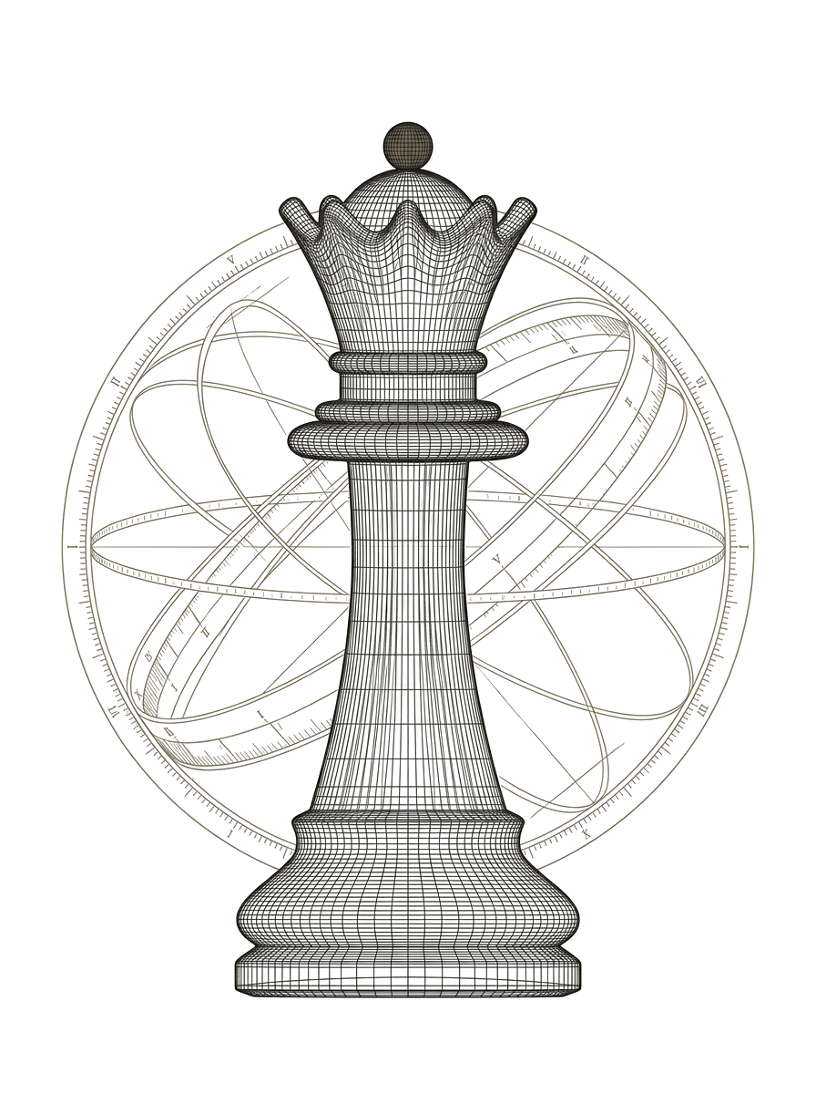 A wireframe chess queen in fine volumetric mesh, an armillary ring behind it, its orb finial carrying a single brass accent.