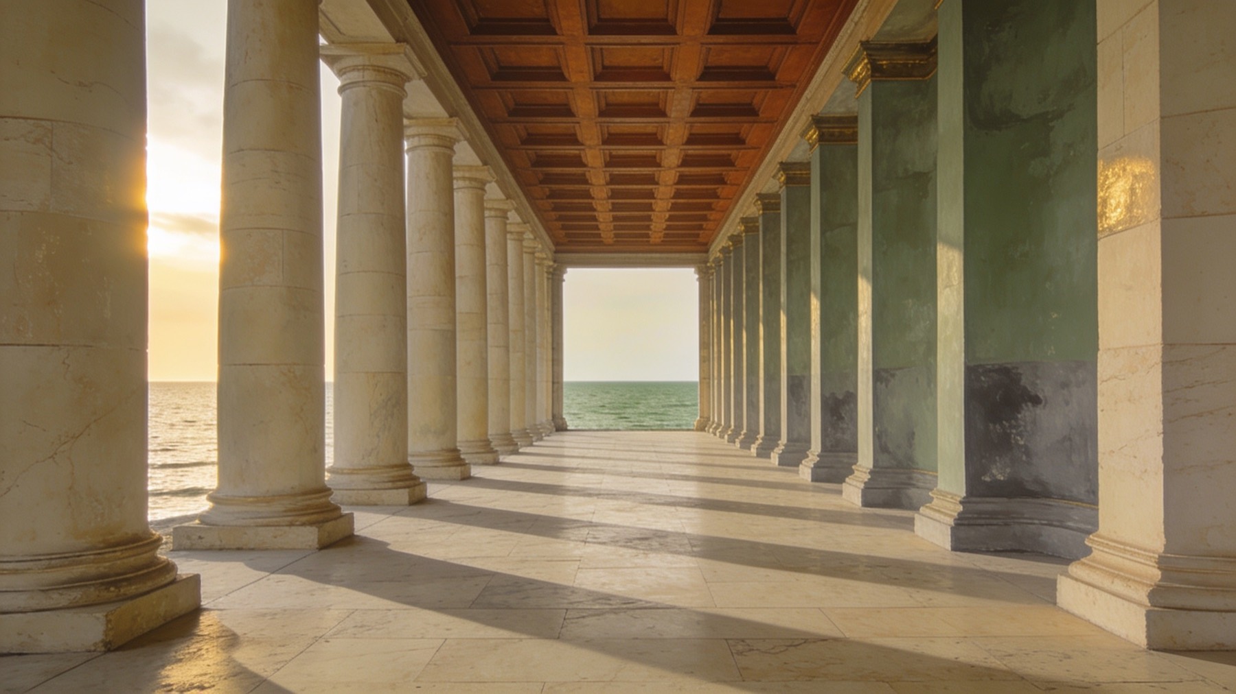 A marble colonnade opening onto a calm sea in late golden light. The columns bear the weight; the sea is the open horizon.